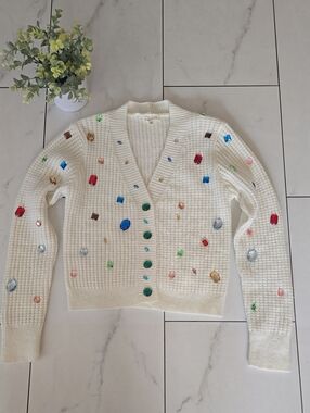 Embellished Ivory Knit Cardigan Sweater